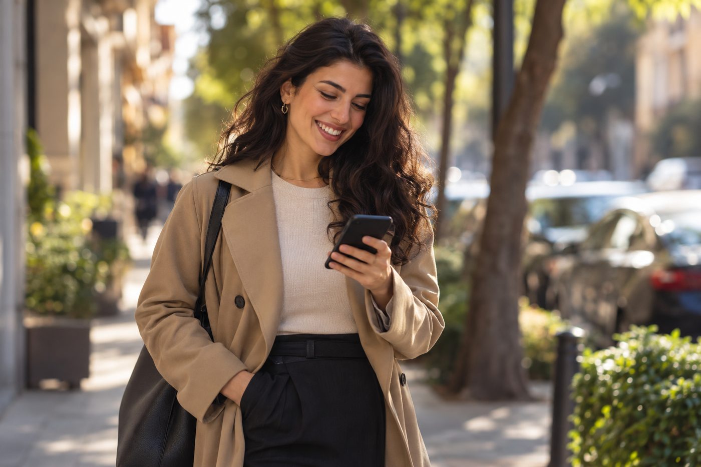 A founder reading on her phone on a city street