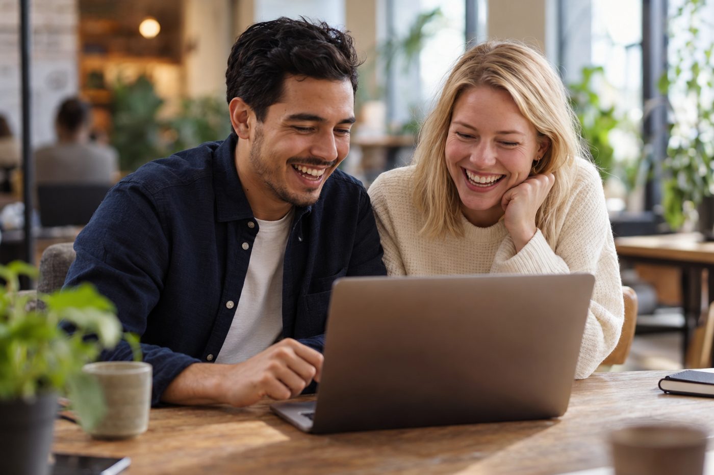 Two co-founders laughing over a laptop