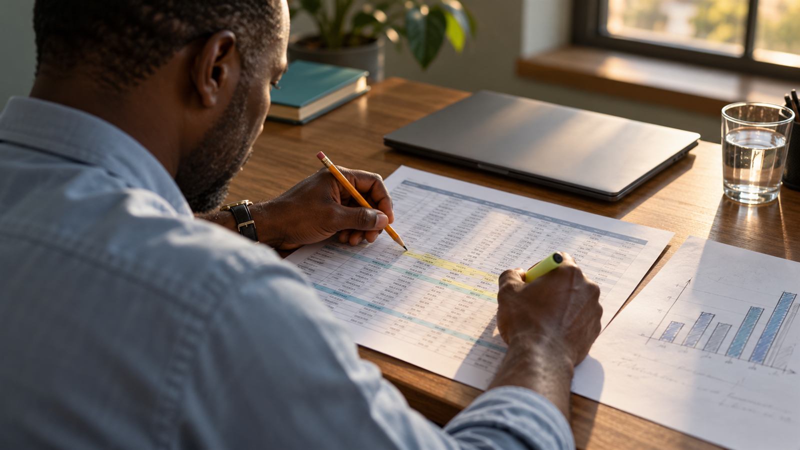 An analyst marks rows on a printed spreadsheet at a desk