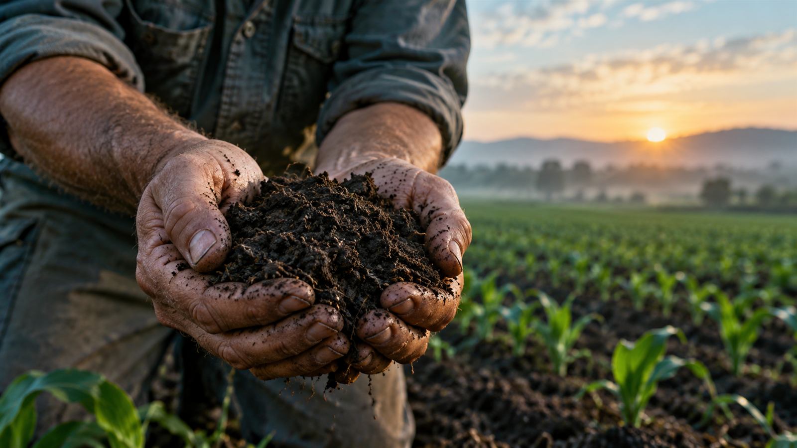 A farmer's hands holding dark soil above a field