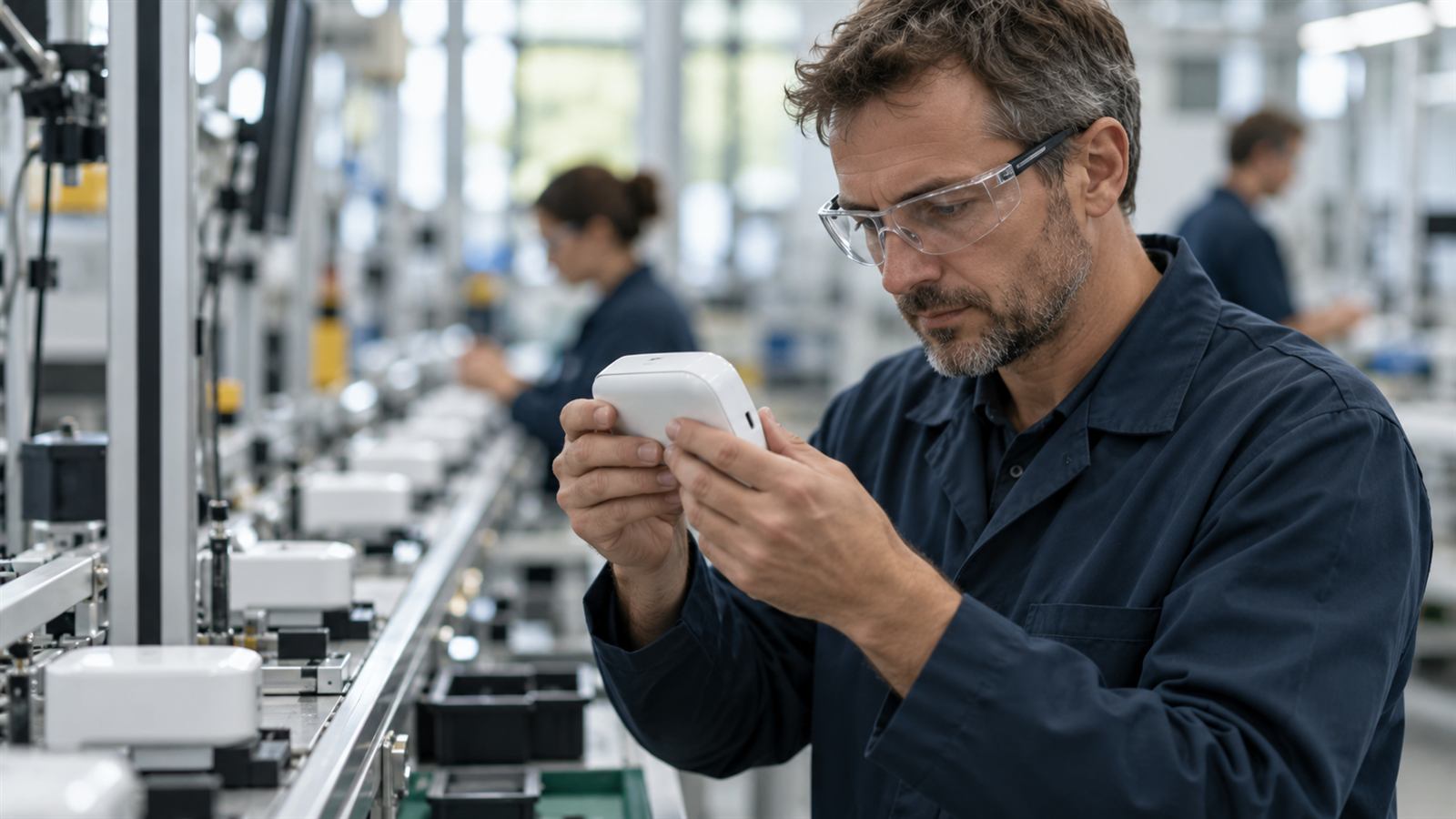 An engineer inspects a small device on a factory line