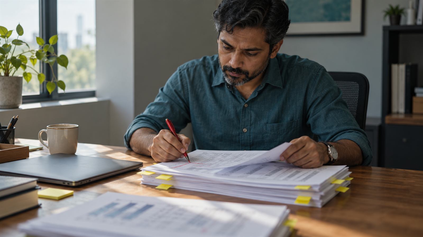 An analyst marks up printed spreadsheet pages at a desk with a laptop