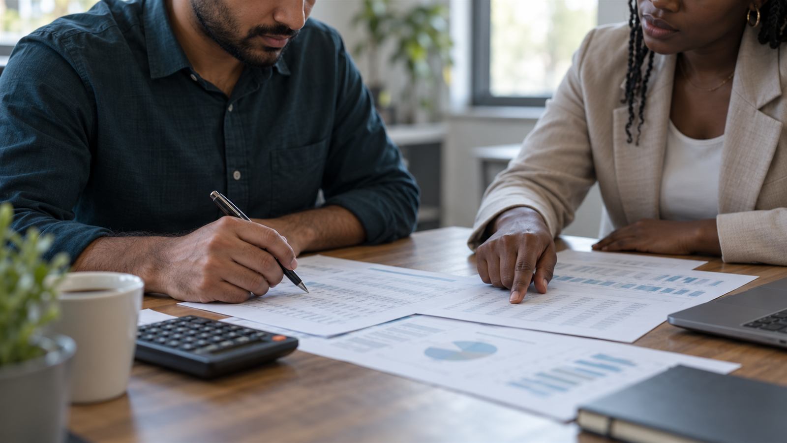 Two people at a table checking printed spreadsheet pages with a pen and calculator