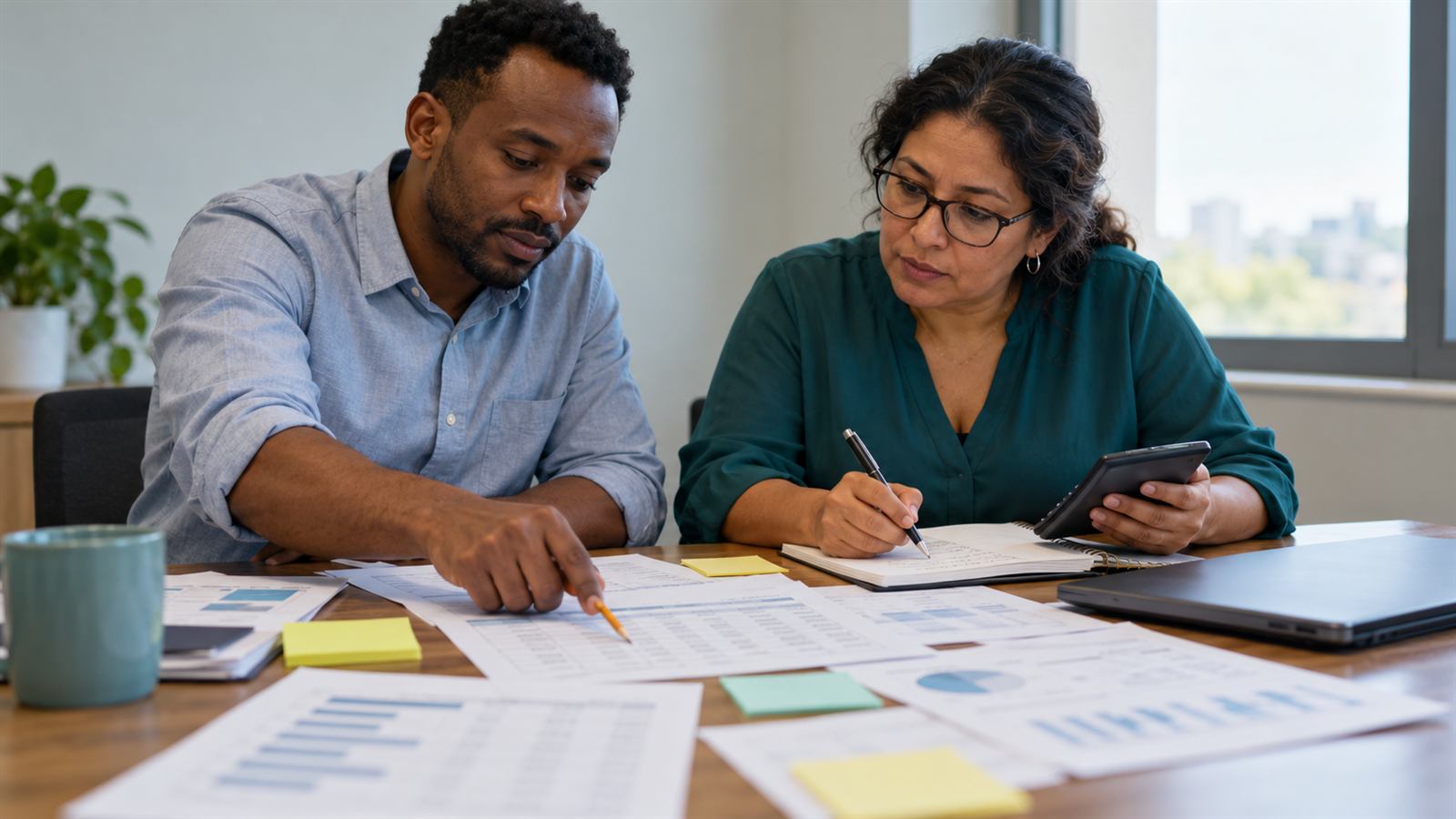 Two colleagues go over a printed hiring plan at a table covered in notes