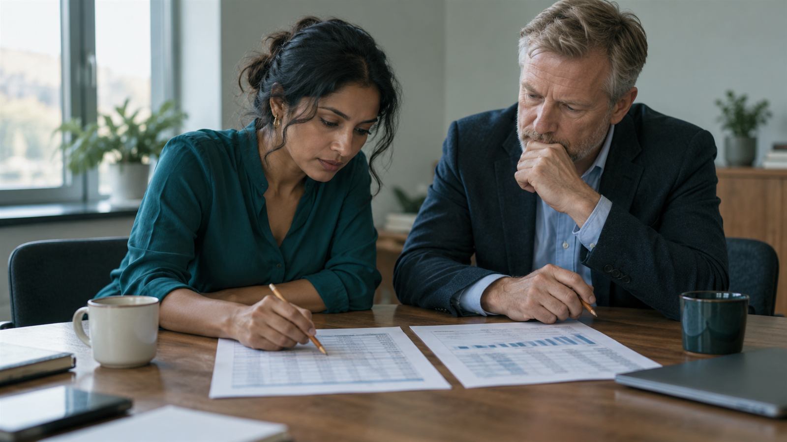 Two analysts compare printed spreadsheets at a long table