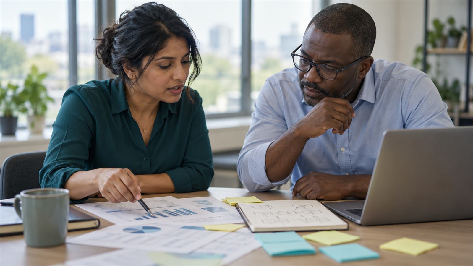 Two colleagues at a table compare a printed page with notes on a laptop