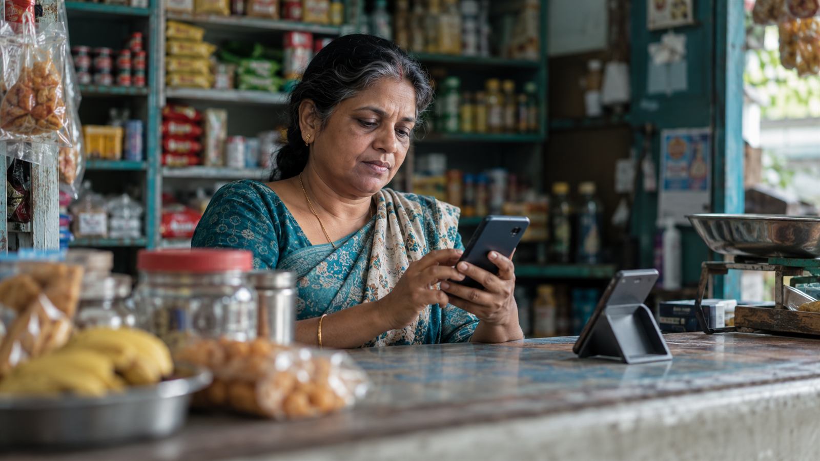 A shop owner checks a phone behind the counter of a small shop