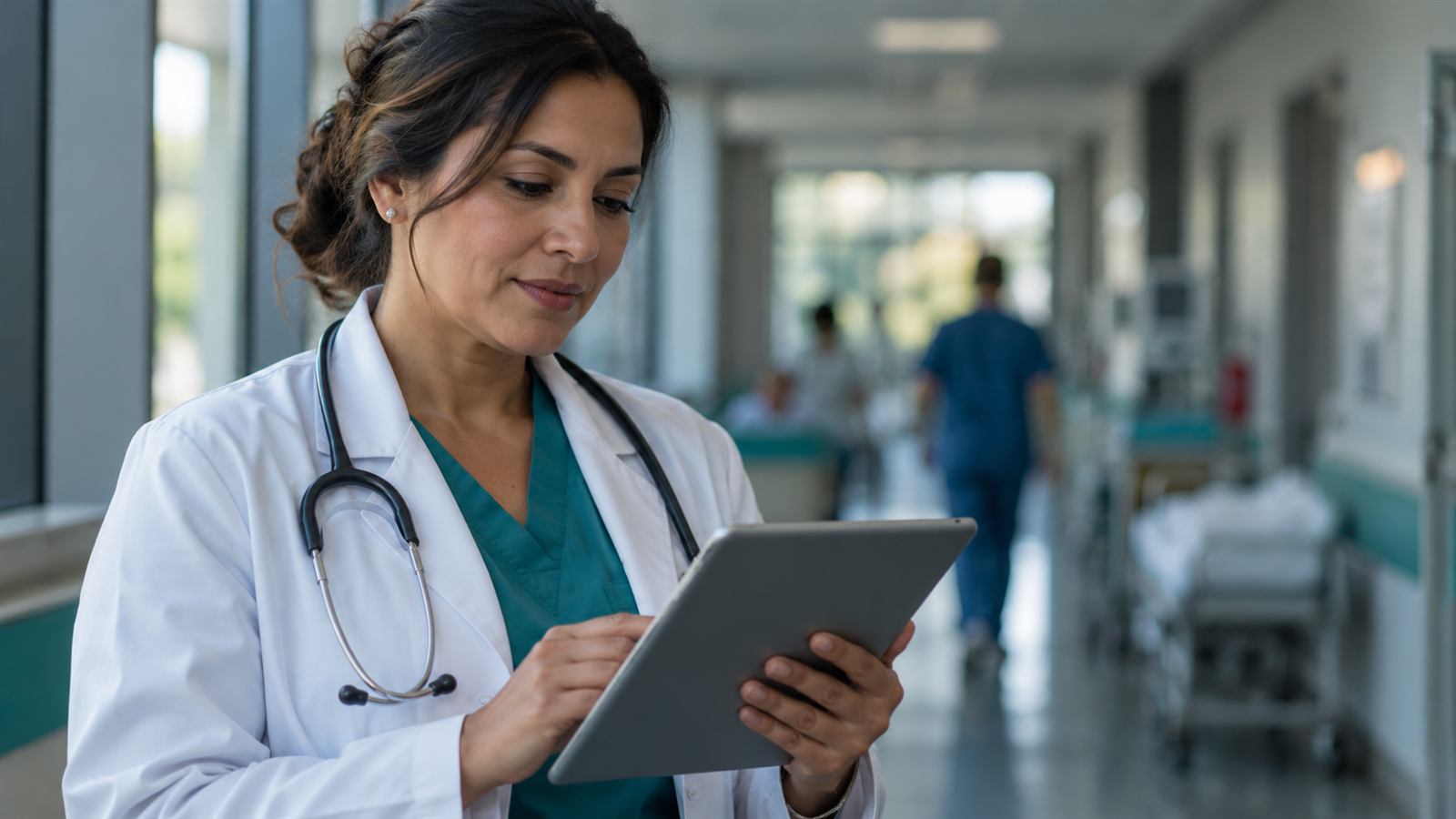 A physician reading on a tablet in a hospital corridor