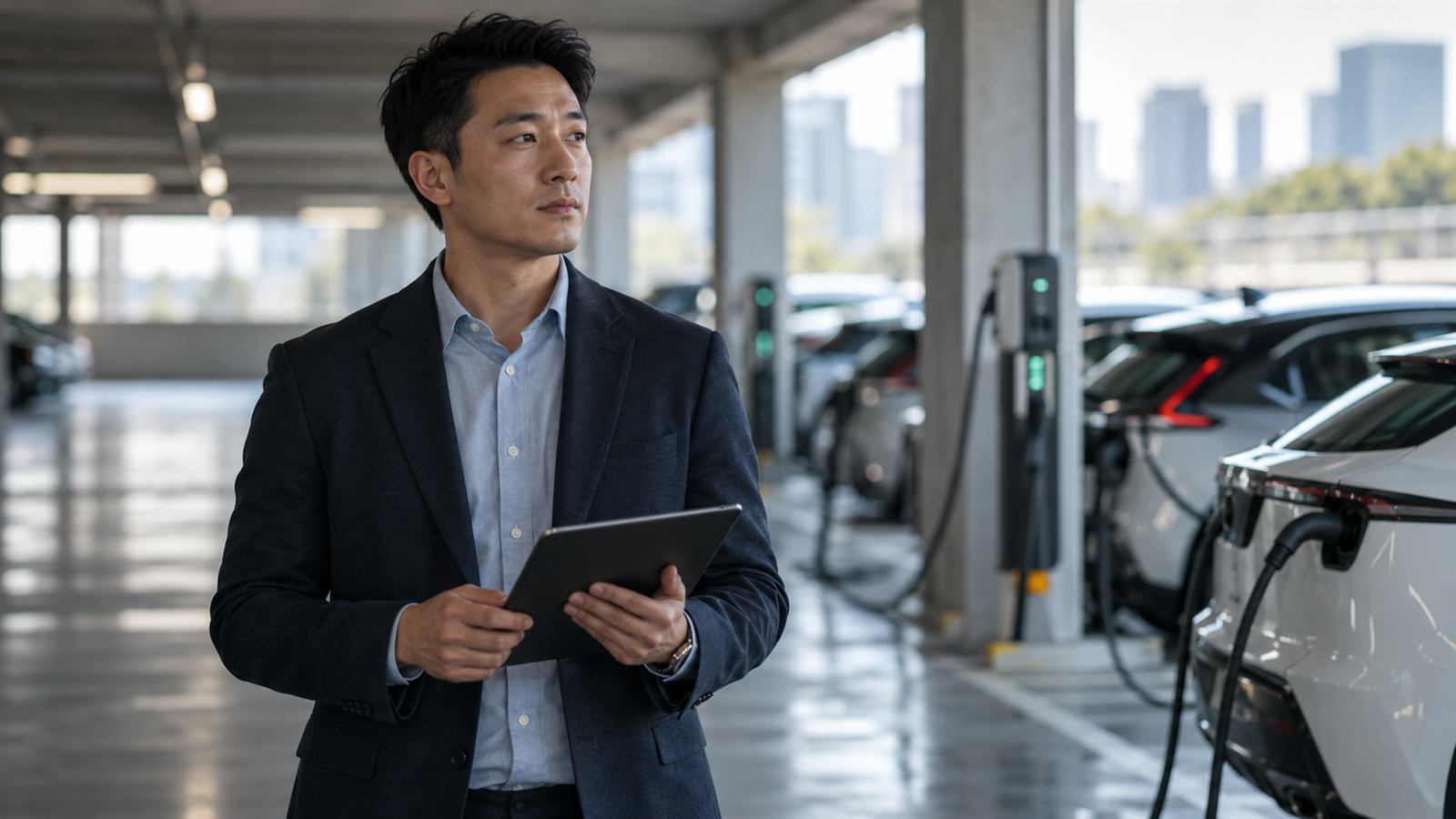 A fleet manager with a tablet in a garage of charging electric cars