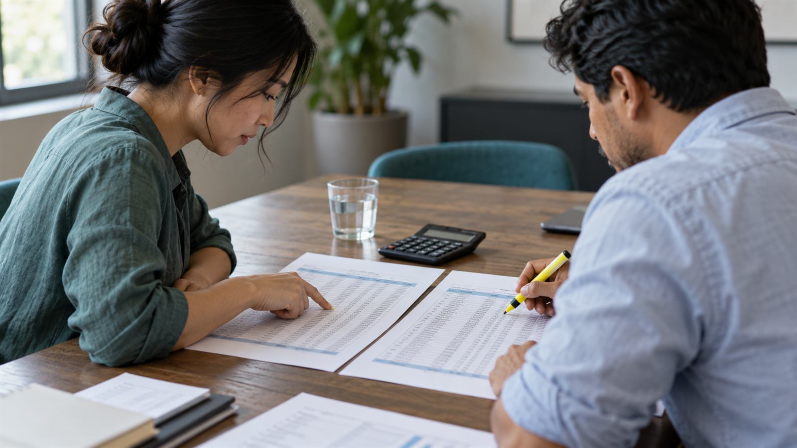 Two analysts compare printed loan schedules at a meeting table