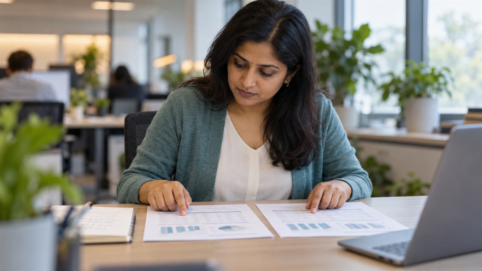 An analyst compares two printed reports side by side at a desk