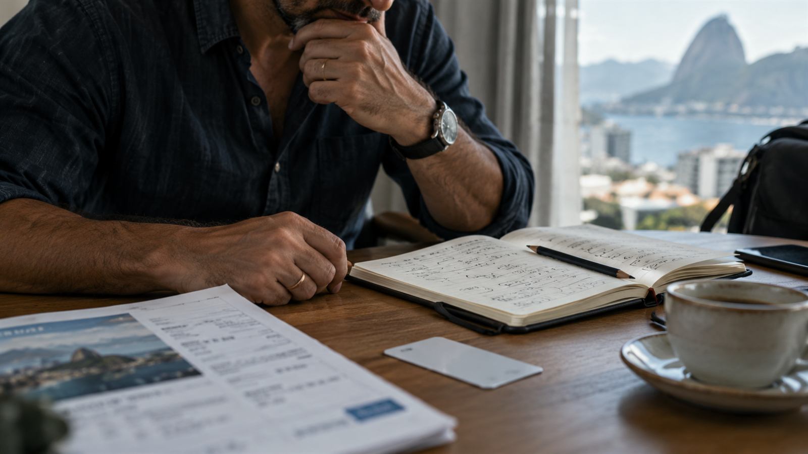 Hands rest on a printed trip itinerary beside a hotel key card and a small notebook of sums