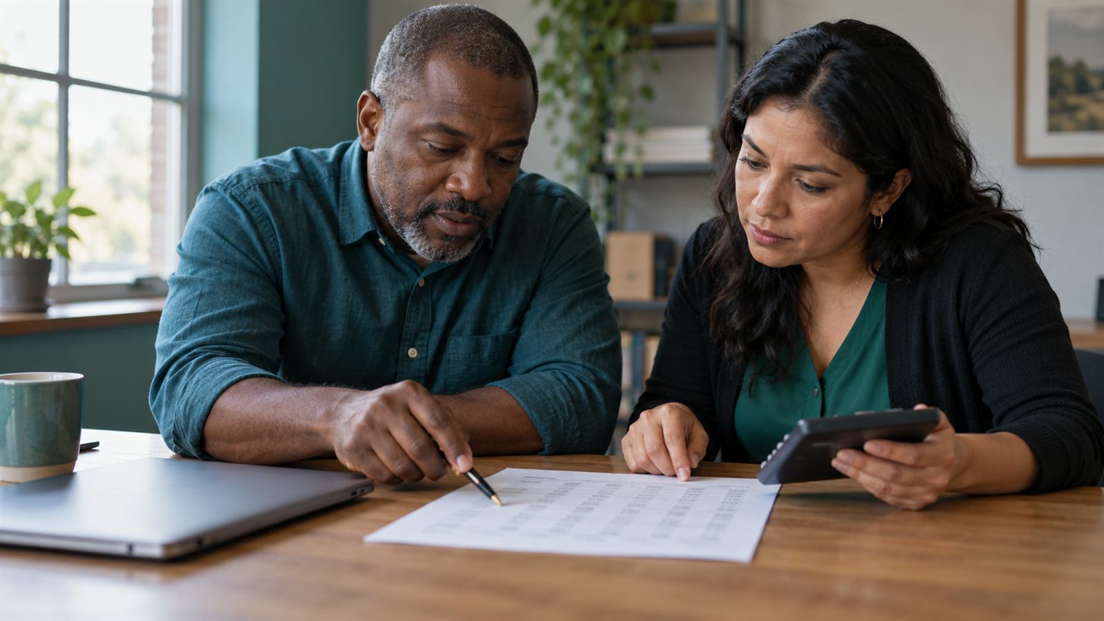 Two people at a desk compare figures on a printed sheet next to a laptop