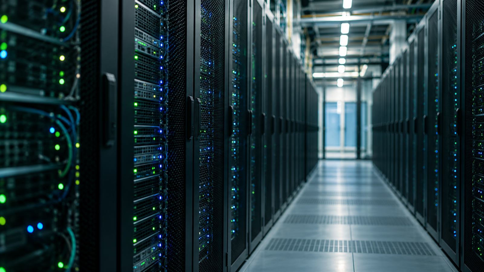 A long aisle of server racks with status lights