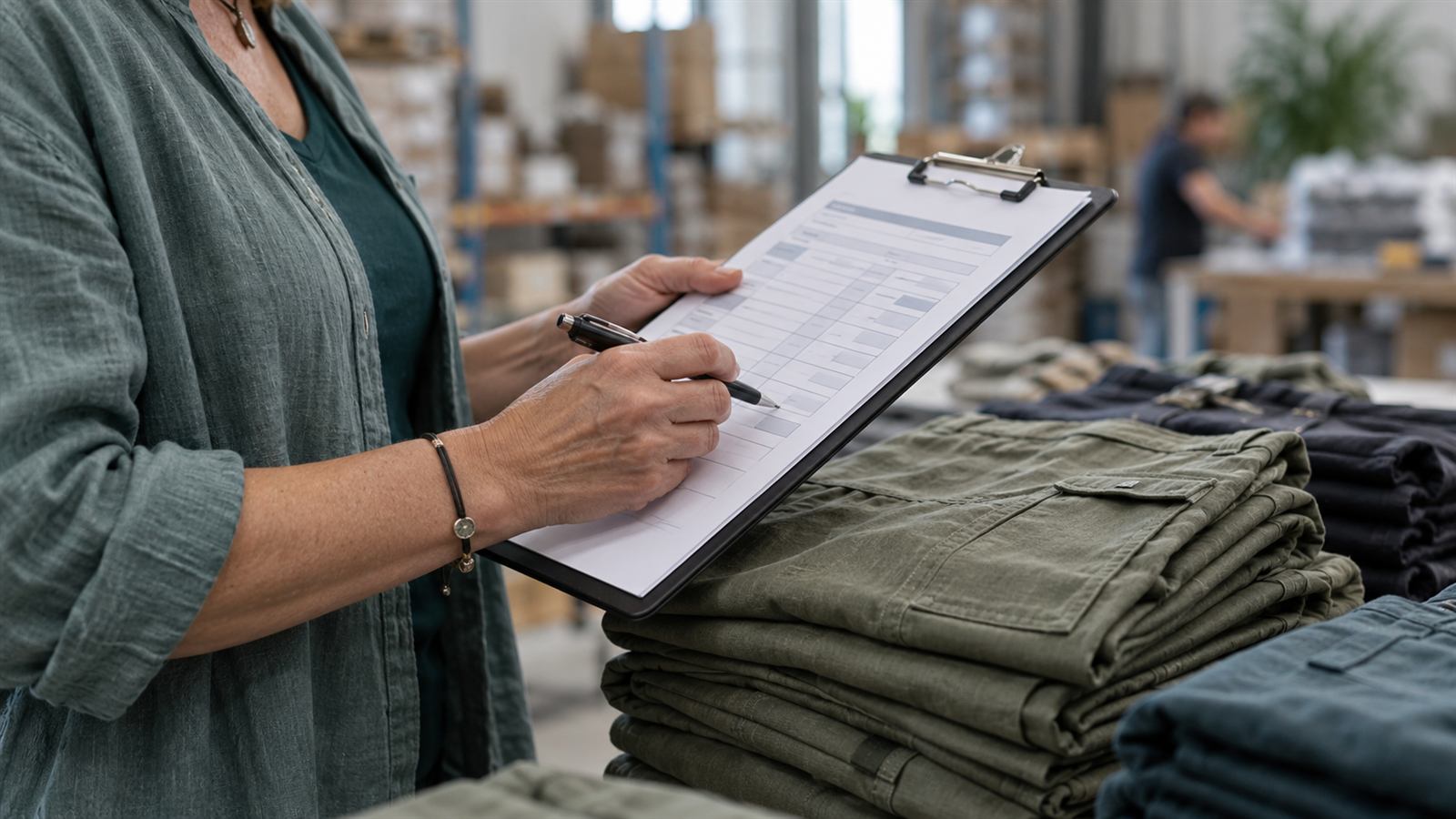 A woman checks an order sheet beside folded workwear