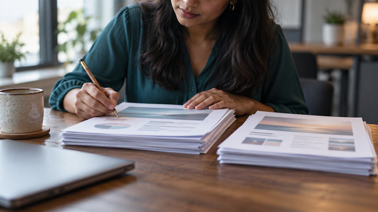Hands marking printed slide pages laid out in two piles on a table