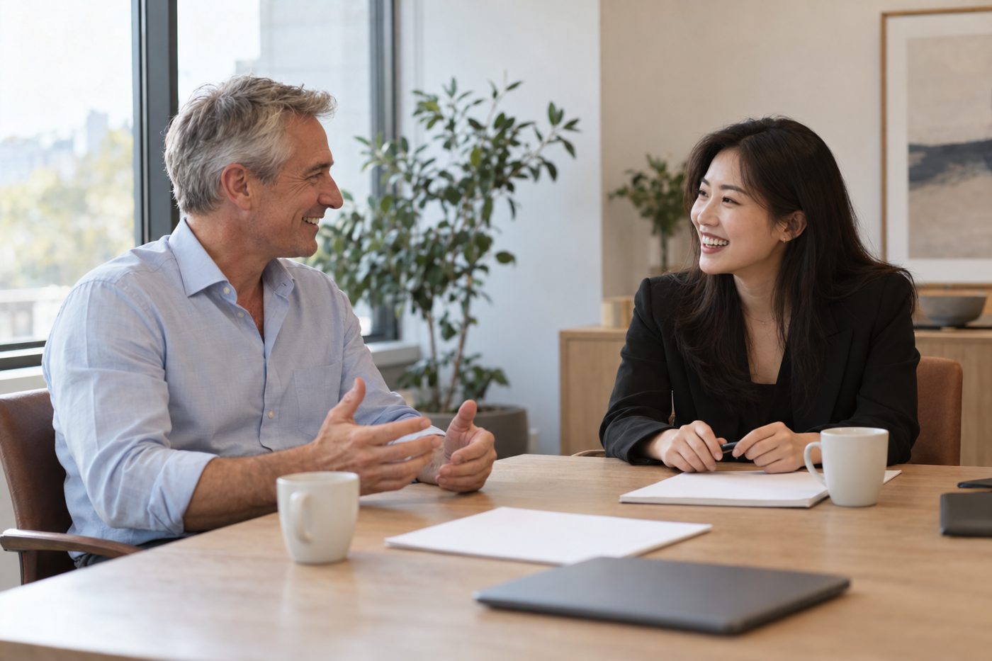 A partner at an advisory firm and a founder smiling across a meeting table