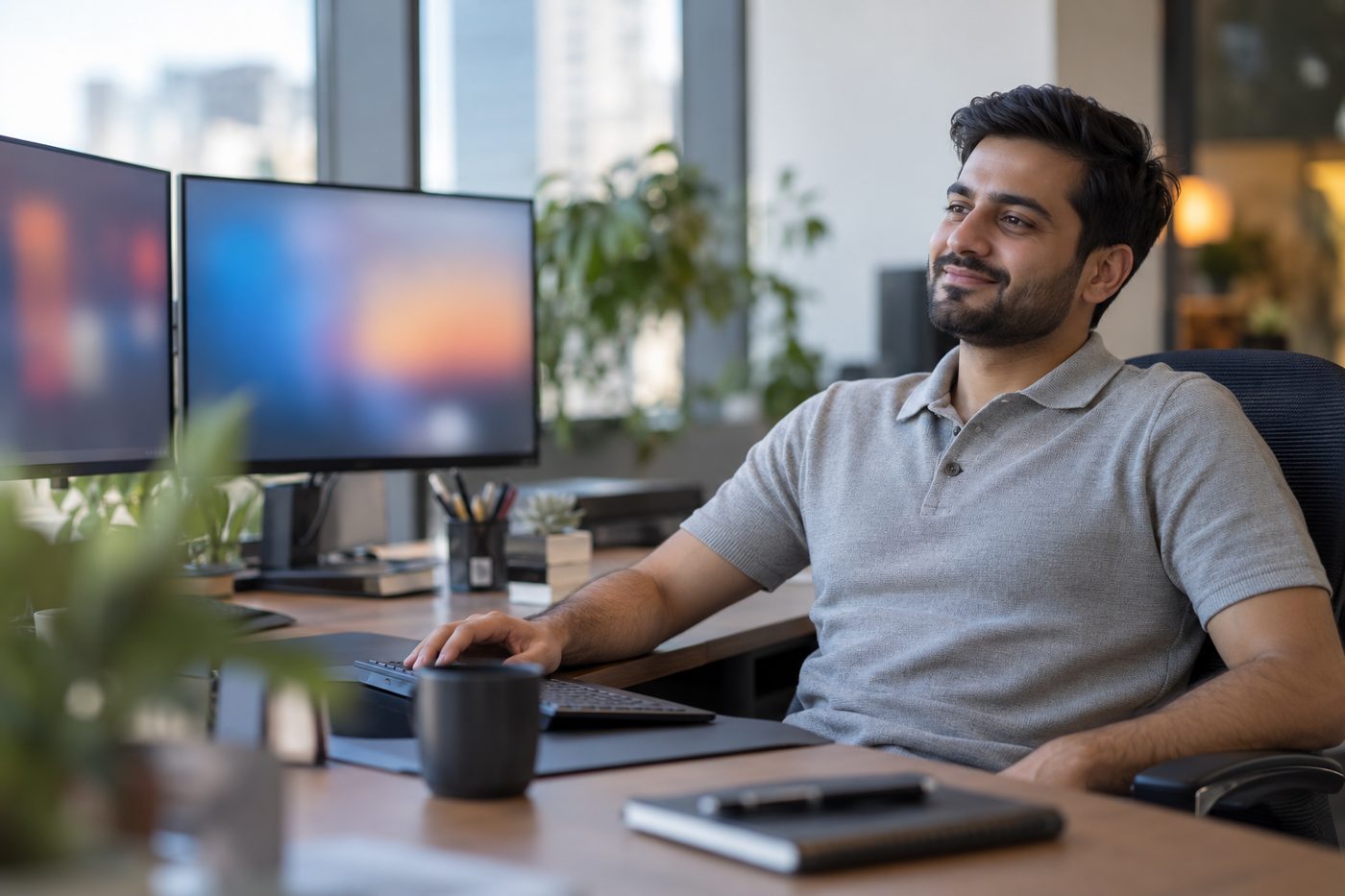 A finance analyst at a desk with two monitors