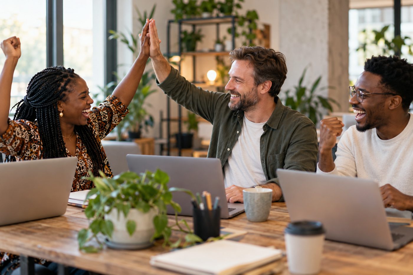A small startup team celebrating at a desk