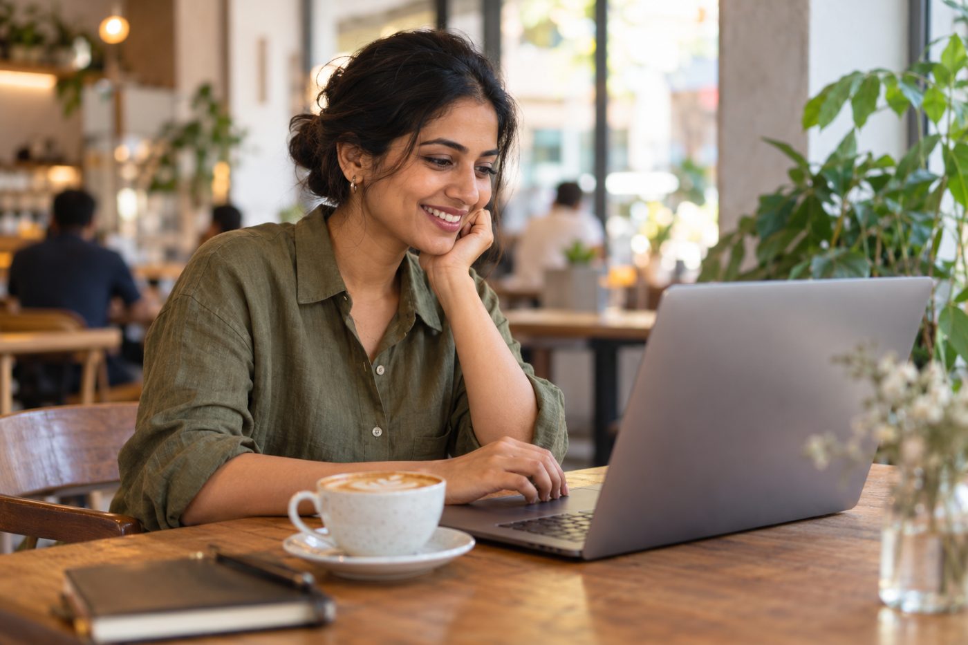 A founder smiling at a laptop in a cafe