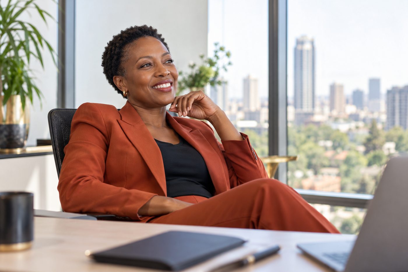 A fund manager smiling in a bright office