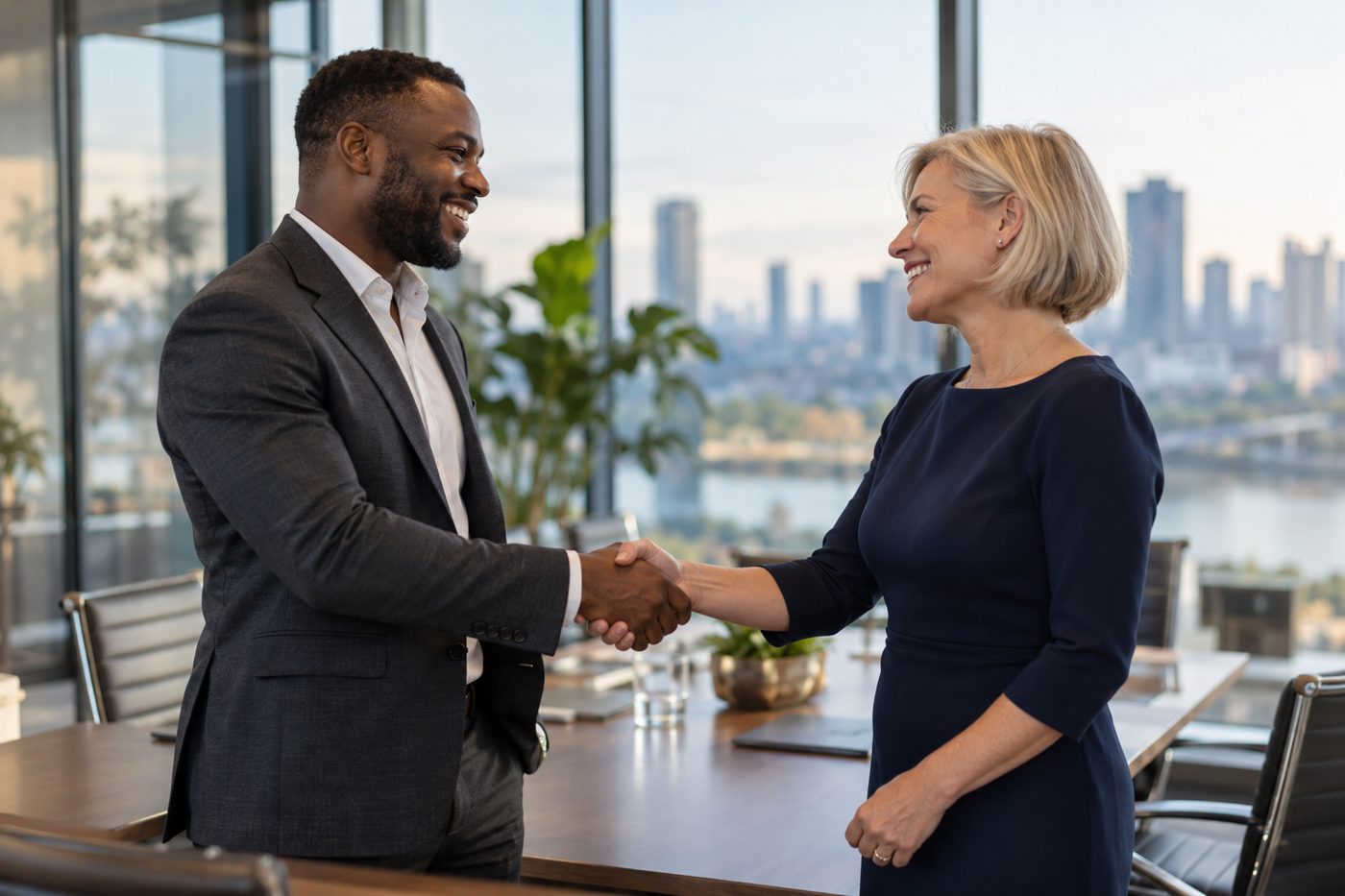 A founder and an investor shaking hands after a meeting