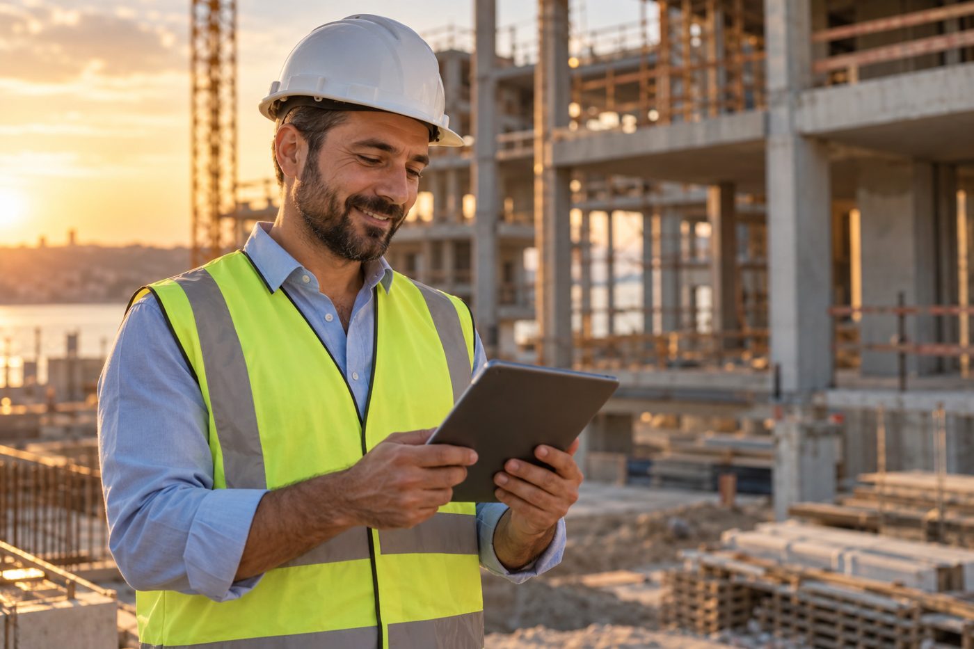 A property developer on a building site holding a tablet